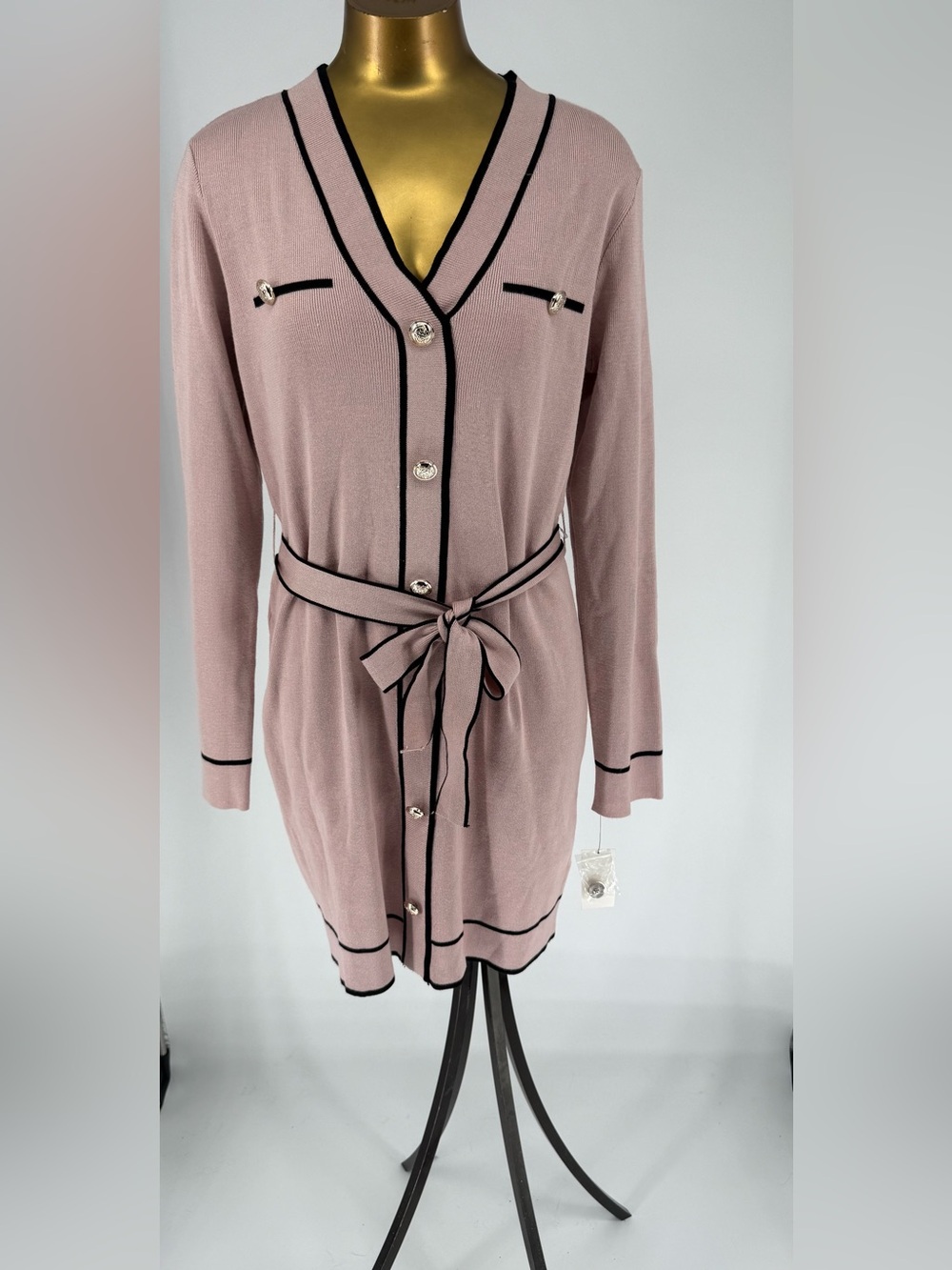 NWT BCX Rose Pink Long Sleeve Belted Cardigan with Black Trim Size Large